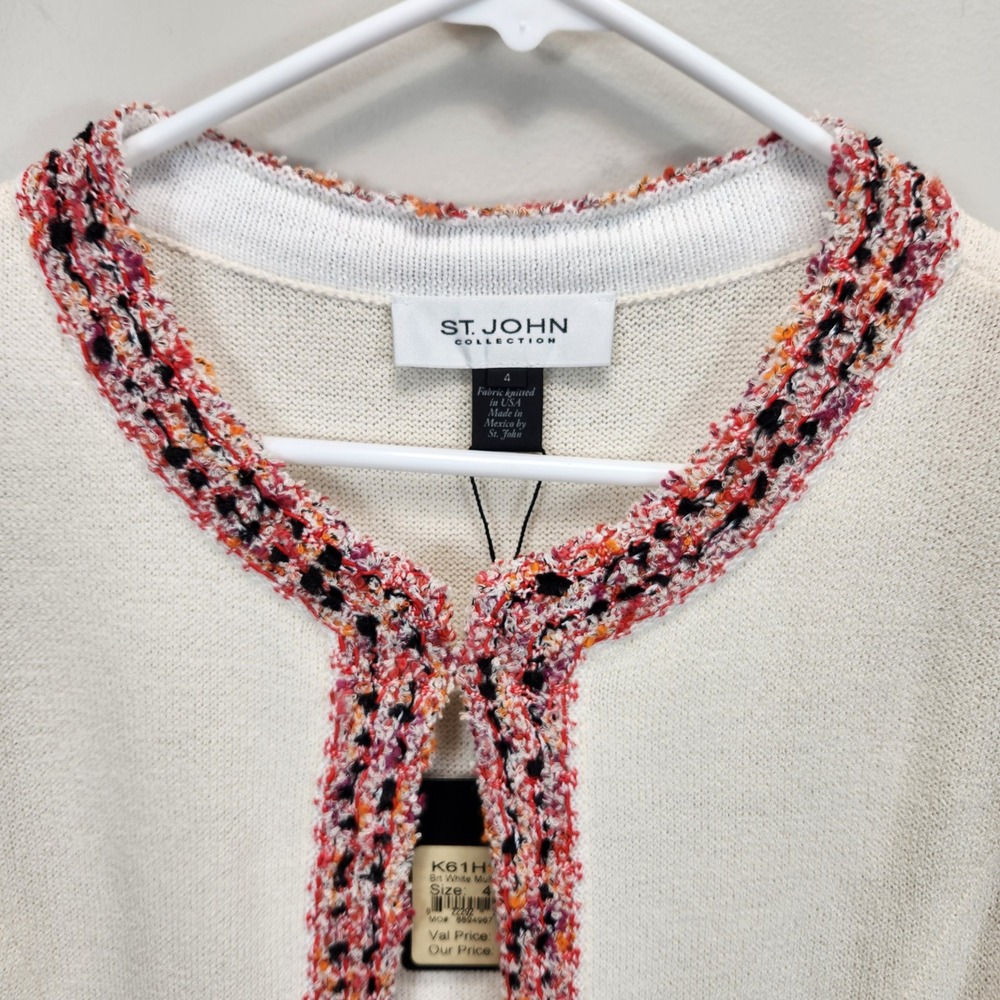 St John Collection White Knit Long Cardigan Jacket Tweed‎ Trim K61HQA3 Womens 4 - Picture 3 of 11